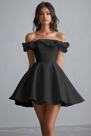 Off The Shoulder A Line Mini Black Cocktail Dress